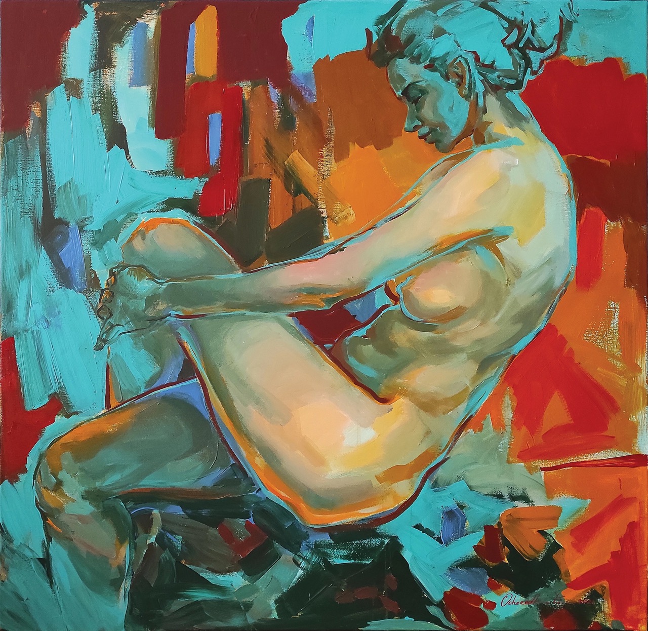 1_Kateryna Ocheredko_In the rays of the sunset_2021_85x85cm_canvas_acrylic_web Duży