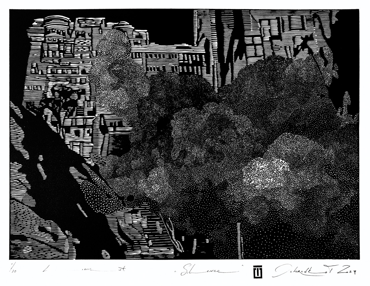 1_Tetiana Ocheredko_Silence_linocut_work size 30х42сm_paper size 38x54cm_2024_web Duży