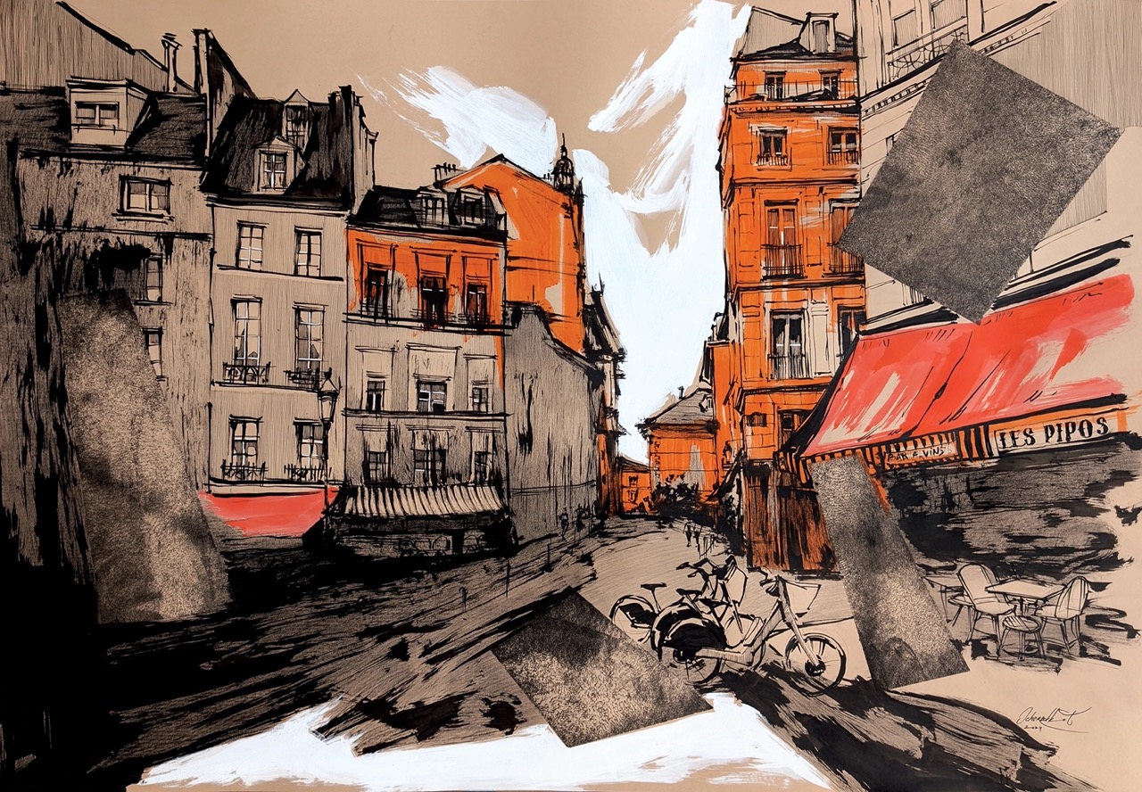 2_Tetiana Ocheredko_The aroma of coffee_Аромат кави_paper, ink, pencil_70х100см_2024_web Duży