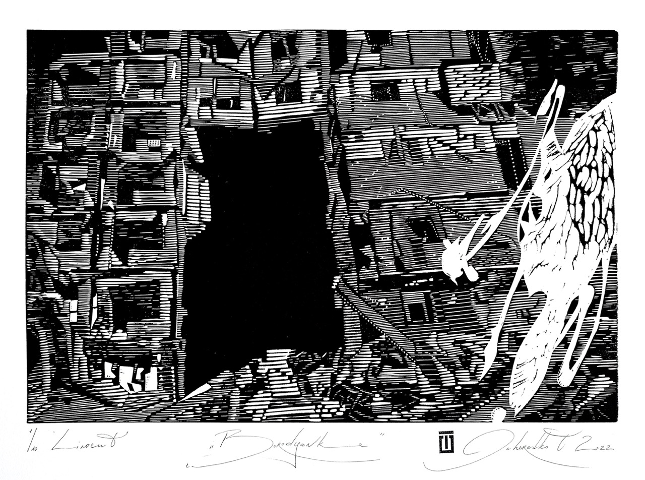 3_Tetiana Ocheredko_Borodyanka_linocut_work size 28х42сm_paper size 39x53cm_2022_web Duży