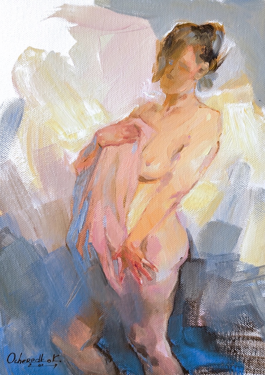 5_Kateryna Ocheredko_Sketch7 Playful sun rays_Грайливі сонячні проміння_oil on canvas_30х21cm_2024_web Duży