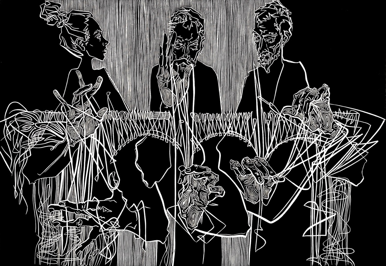 7_KATERYNA OCHEREDKO_Weavers. Connections_linocut_40x58cm_2021_web Duży