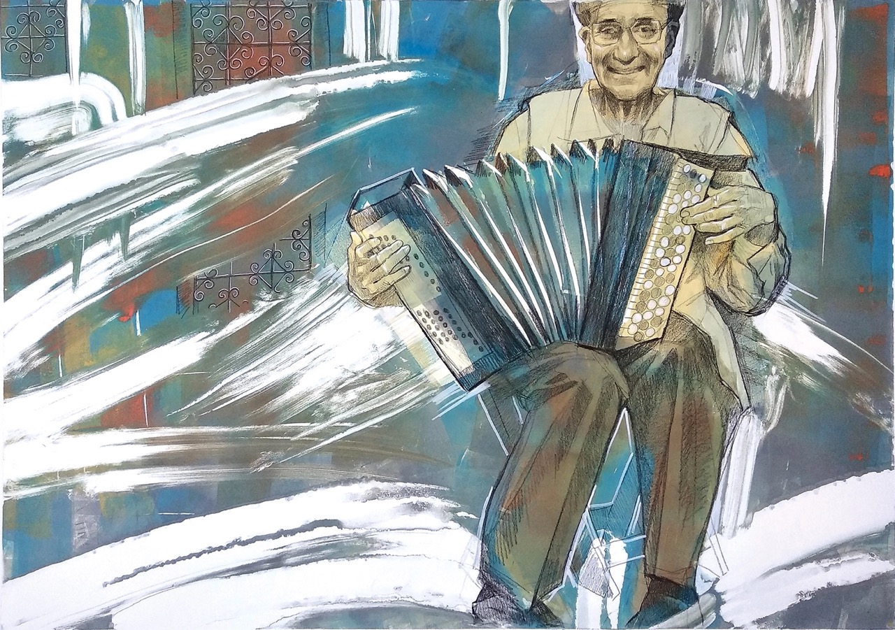 7_Kateryna Ocheredko_Musician on the waterfront of Girne_monotype and pencil on paper_61х86cm_2020_web Duży