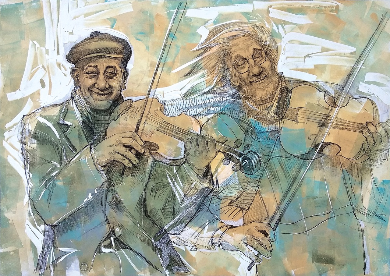 8_Kateryna Ocheredko_Happy Cypriot violinists_monotypeand pencil on paper _86x61cm_2020 _web Duży