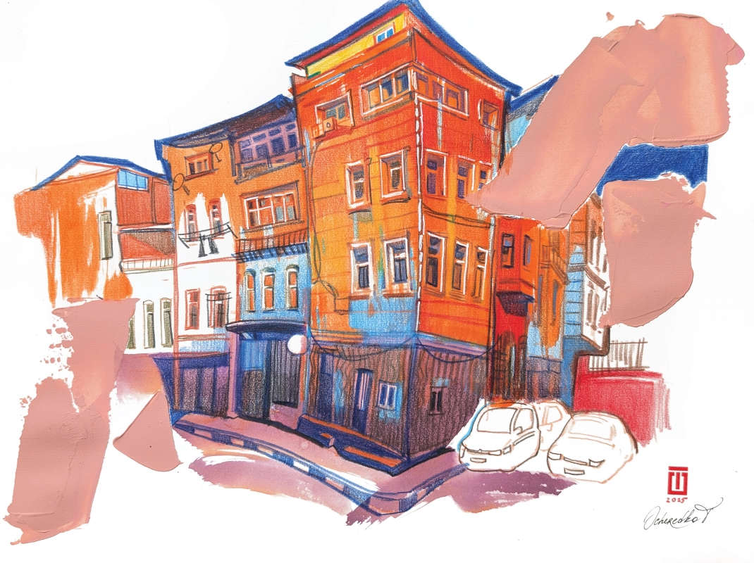 "Sketch 64. Colorful Houses", 2025, ink, pencil, acrylic on paper, 31x41 cm, Tetiana Ocheredko