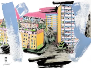 "Sketch 65. Gdansk Przymorze", 2025, ink, pencil, acrylic on paper, 31x41 cm, Tetiana Ocheredko
