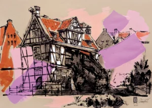 "Sketch 68. The House of Millers in Gdansk", 2025, ink, pencil, acrylic on paper, 30x42 cm, Tetiana Ocheredko