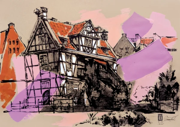 "Sketch 68. The House of Millers in Gdansk", 2025, ink, pencil, acrylic on paper, 30x42 cm, Tetiana Ocheredko