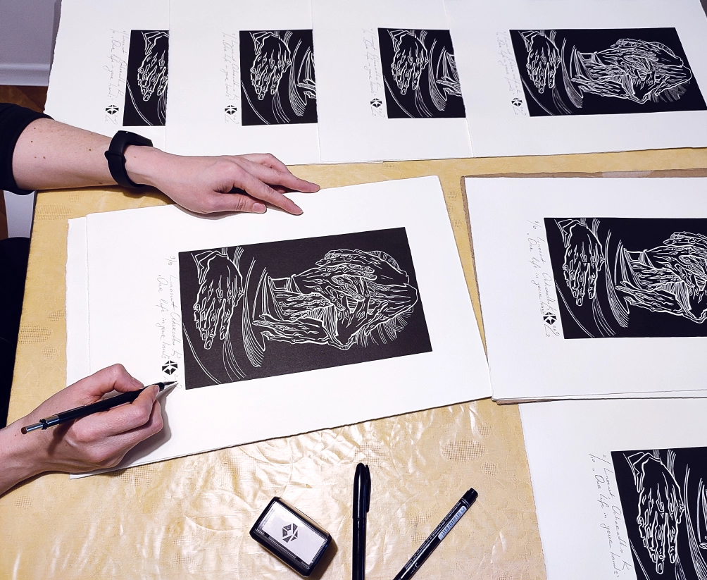 “Our life in your hands”, 2022, linocut, work size 25x15cm, paper size 39x27cm, Kateryna Ocheredko - Image 2