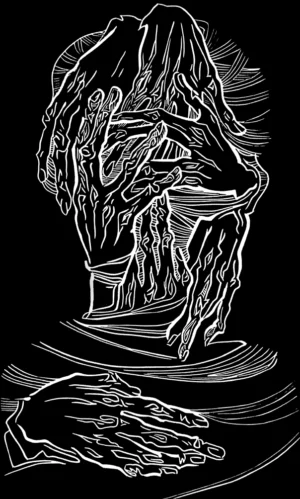 “Our life in your hands”, 2022, linocut, work size 25x15cm, paper size 39x27cm, Kateryna Ocheredko