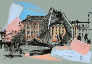 "Sketch 69. Poznań. Plac Wolności", 2025, ink, pencil, acrylic on paper, 30x42 cm, Tetiana Ocheredko