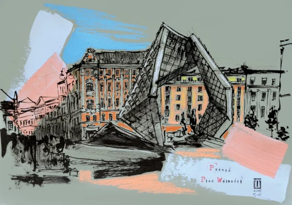 "Sketch 69. Poznań. Plac Wolności", 2025, ink, pencil, acrylic on paper, 30x42 cm, Tetiana Ocheredko