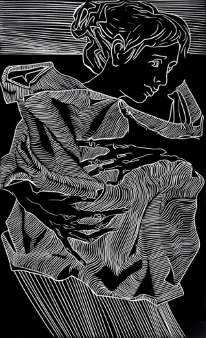 “Life is in your hands”, 2023, linocut, work size 25x15cm, paper size 39x27cm, Kateryna Ocheredko