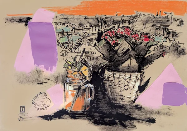 “Nice meeting”, 2025, ink, pencils, gouache on paper, 30x42cm, Tetiana Ocheredko
