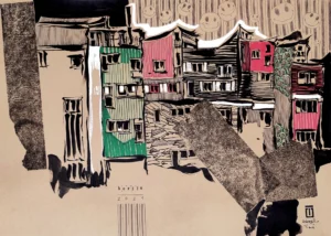 “Sketch 2. Berlin”, 2024, ink, markers, carbon on color paper, 30x42 cm, Tetiana Ocheredko