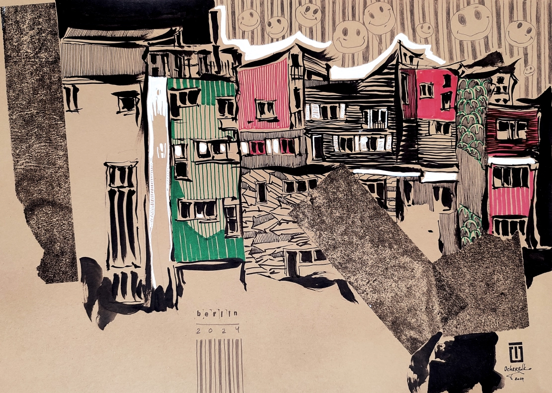 “Sketch 2. Berlin”, 2024, ink, markers, carbon on color paper, 30x42 cm, Tetiana Ocheredko