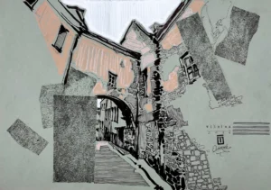 “Sketch 3. Vilnius”, 2024, ink, markers, pastel on color paper, 30x42 cm, Tetiana Ocheredko