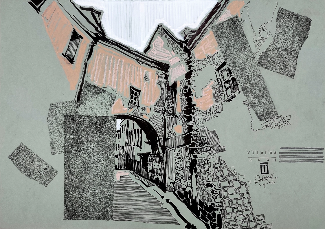 “Sketch 3. Vilnius”, 2024, ink, markers, pastel on color paper, 30x42 cm, Tetiana Ocheredko