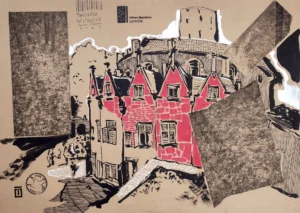 “Sketch 4. Twierdza Wisłoujście”, 2024, ink, markers on color paper, 30x42 cm, Tetiana Ocheredko