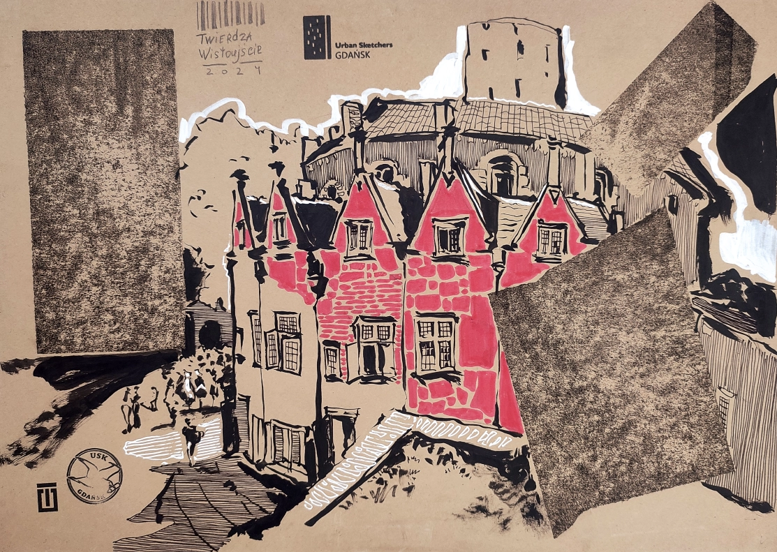 “Sketch 4. Twierdza Wisłoujście”, 2024, ink, markers on color paper, 30x42 cm, Tetiana Ocheredko