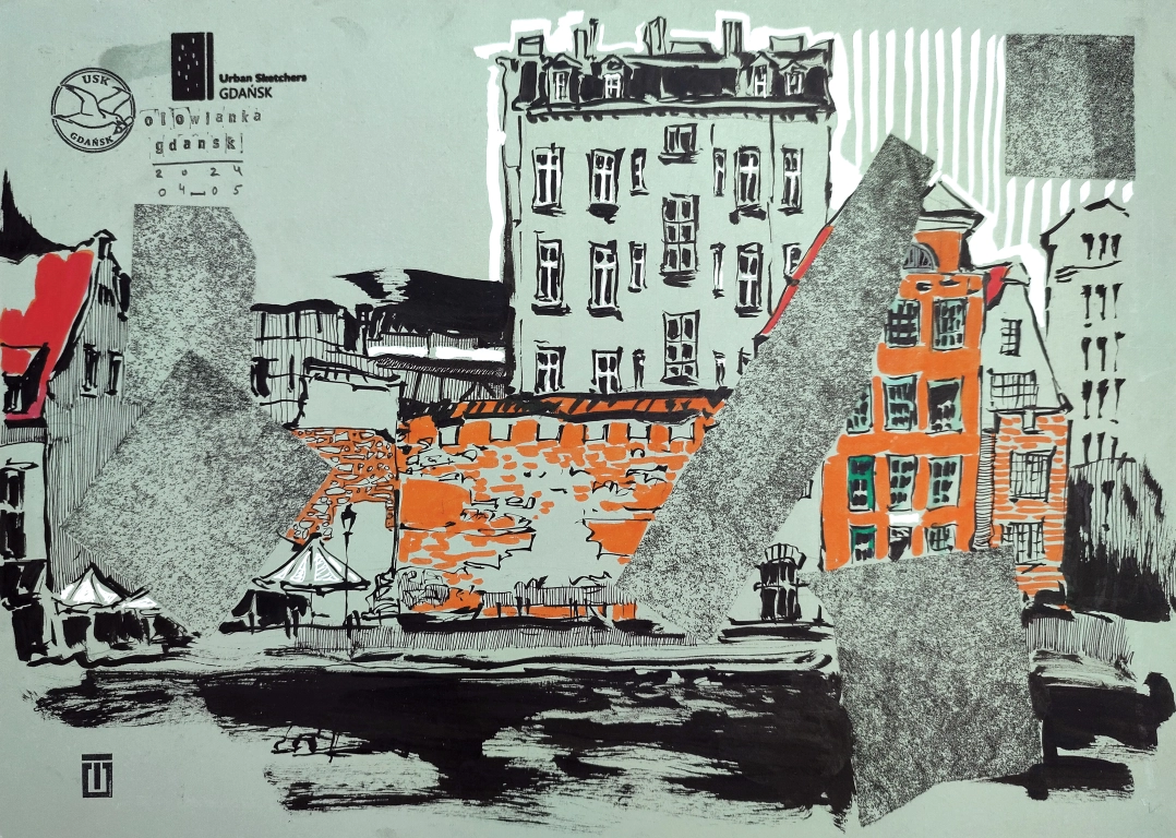 “Sketch 5. Gdańsk Ołowianka”, 2024, ink, markers on color paper, 30x42 cm, Tetiana Ocheredko