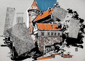 “Sketch 7. Olsztyn”, 2024, ink, markers on color paper, 30x42 cm, Tetiana Ocheredko