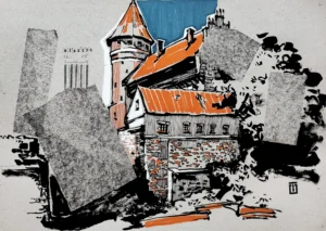 “Sketch 7. Olsztyn”, 2024, ink, markers on color paper, 30x42 cm, Tetiana Ocheredko