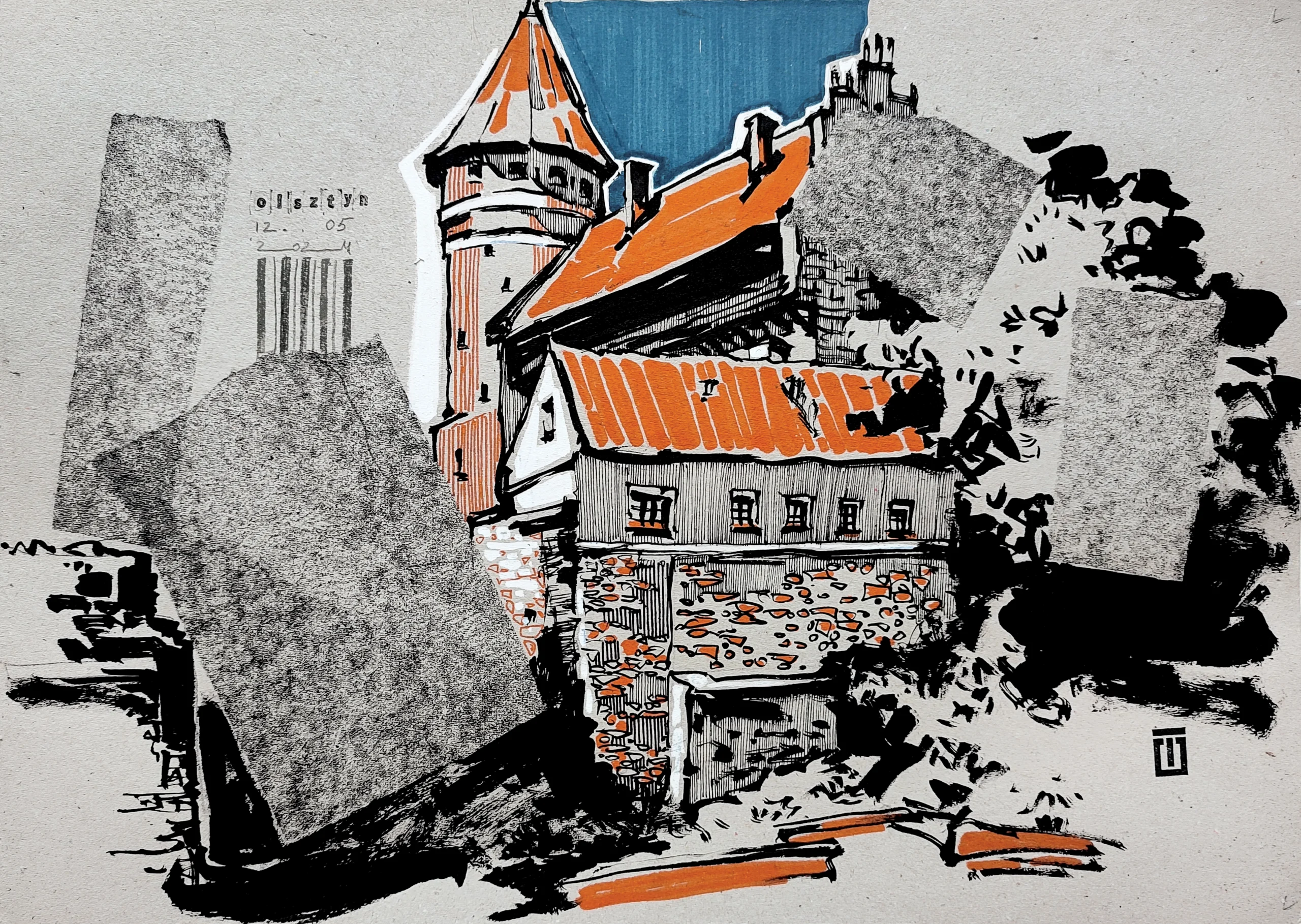 “Sketch 7. Olsztyn”, 2024, ink, markers on color paper, 30x42 cm, Tetiana Ocheredko