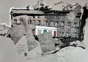 “Sketch 10. Biskupia Górka”, 2024, ink, oil pastels on color paper, 30x42 cm, Tetiana Ocheredko