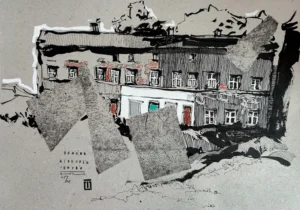 “Sketch 10. Biskupia Górka”, 2024, ink, oil pastels on color paper, 30x42 cm, Tetiana Ocheredko