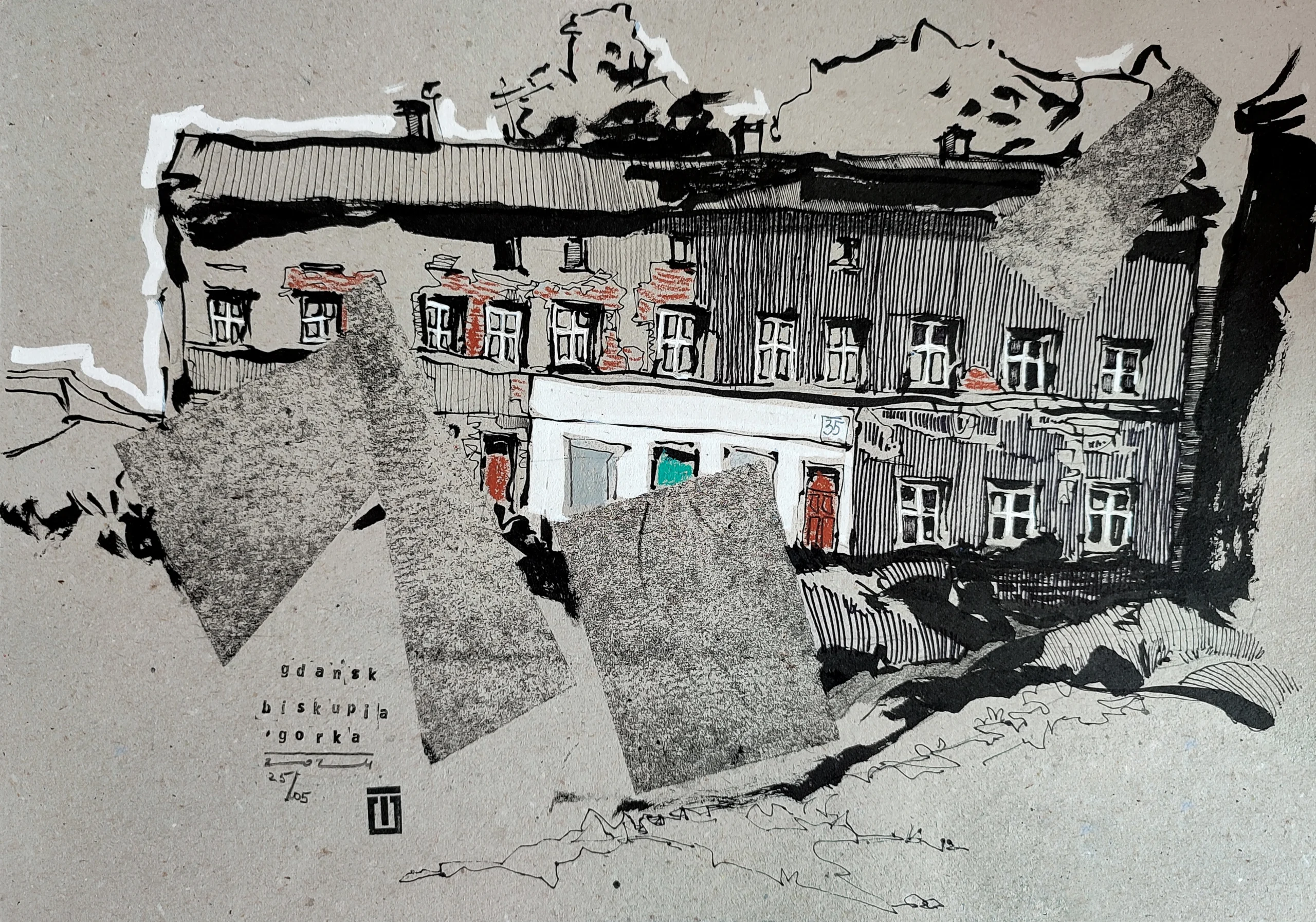 “Sketch 10. Biskupia Górka”, 2024, ink, oil pastels on color paper, 30x42 cm, Tetiana Ocheredko