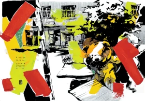 “Sketch 11.U misia. Bistro Gdynia”, 2024, ink, gouache on color paper, 35x50cm, Tetiana Ocheredko
