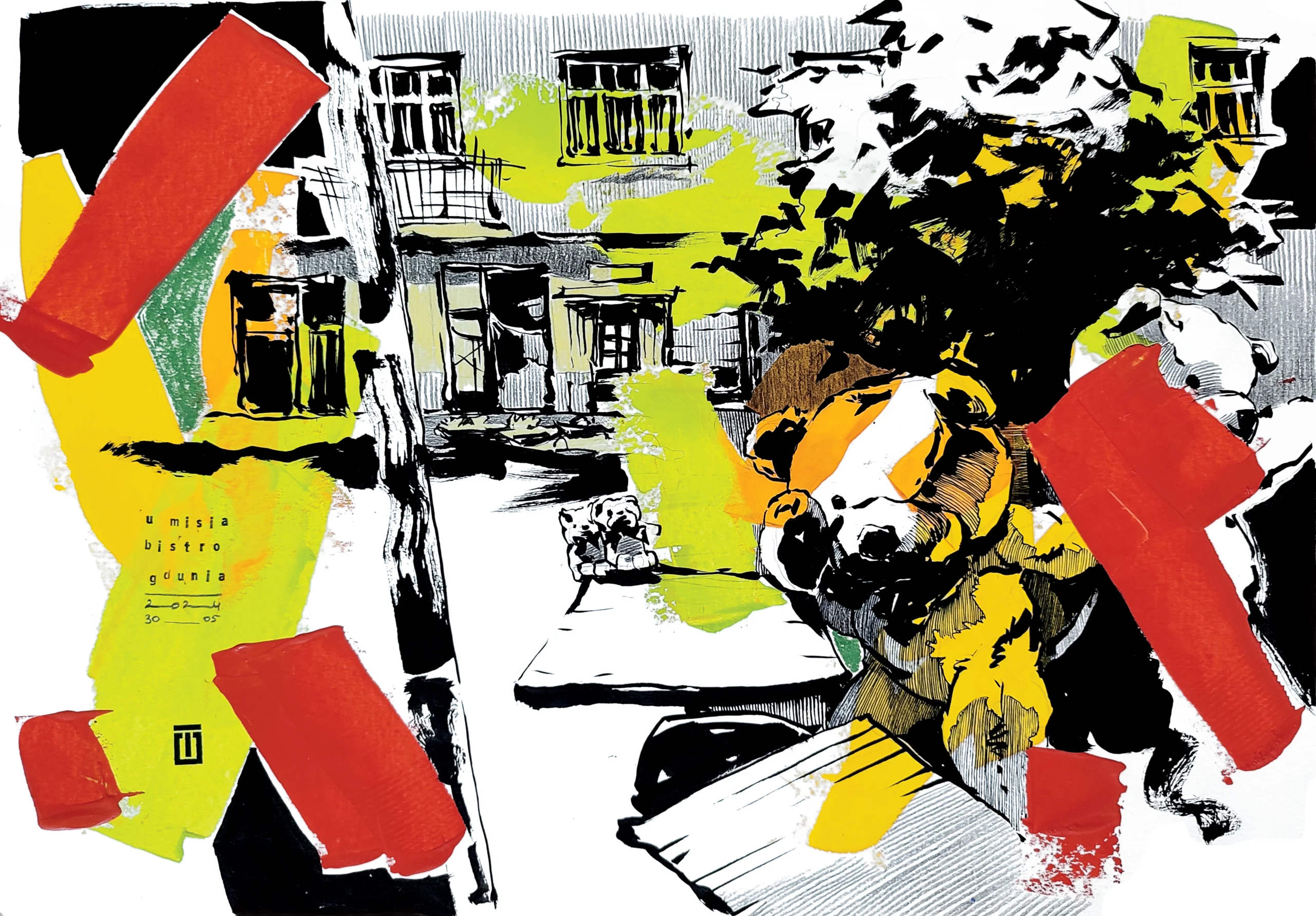 “Sketch 11.U misia. Bistro Gdynia”, 2024, ink, gouache on color paper, 35x50cm, Tetiana Ocheredko