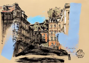 “Biskupia Górka”, 2025, ink, pencils, gouache on paper, 30x42cm, Tetiana Ocheredko