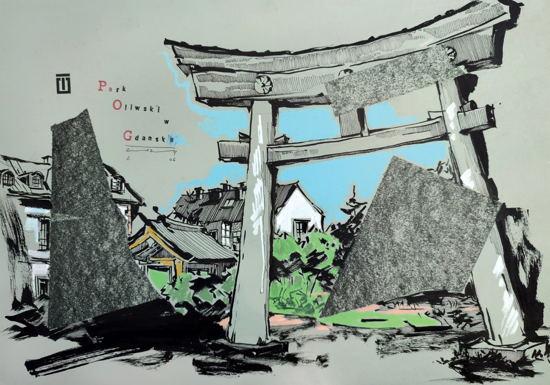 “Sketch 15. Park Oliwski w Gdańsku”, 2024, ink, oil pastels on paper, 30×42 cm, Tetiana Ocheredko