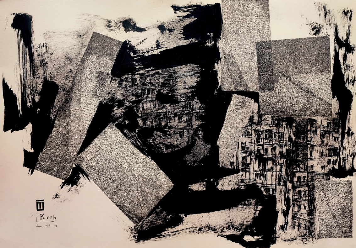 “Sketch 17. Kyiv”, 2024, ink on color paper, 35×50 cm, Tetiana Ocheredko
