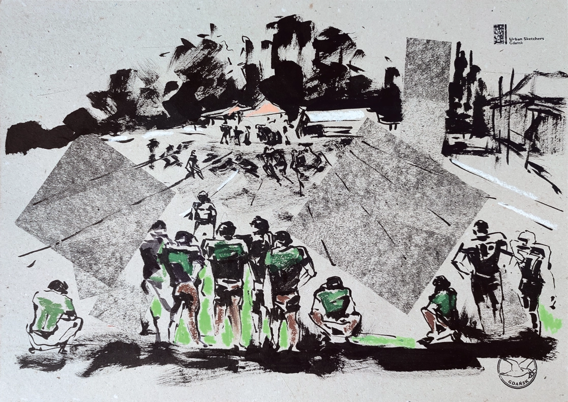 “Sketch 19. American Football”, 2024, ink, oil pastels on color paper, 30×42 cm, Tetiana Ocheredko