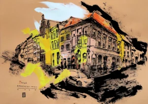 “Sketch 20. Torun Kamienica XV‑XIX”, 2024, ink, gouache, color paper, 35×50 cm, Tetiana Ocheredko