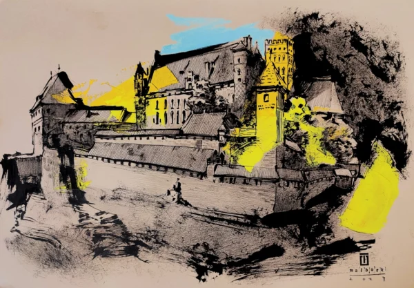 “Sketch 22. Malbork”, 2024, ink, oil pastels on color paper, 35×50 cm, Tetiana Ocheredko