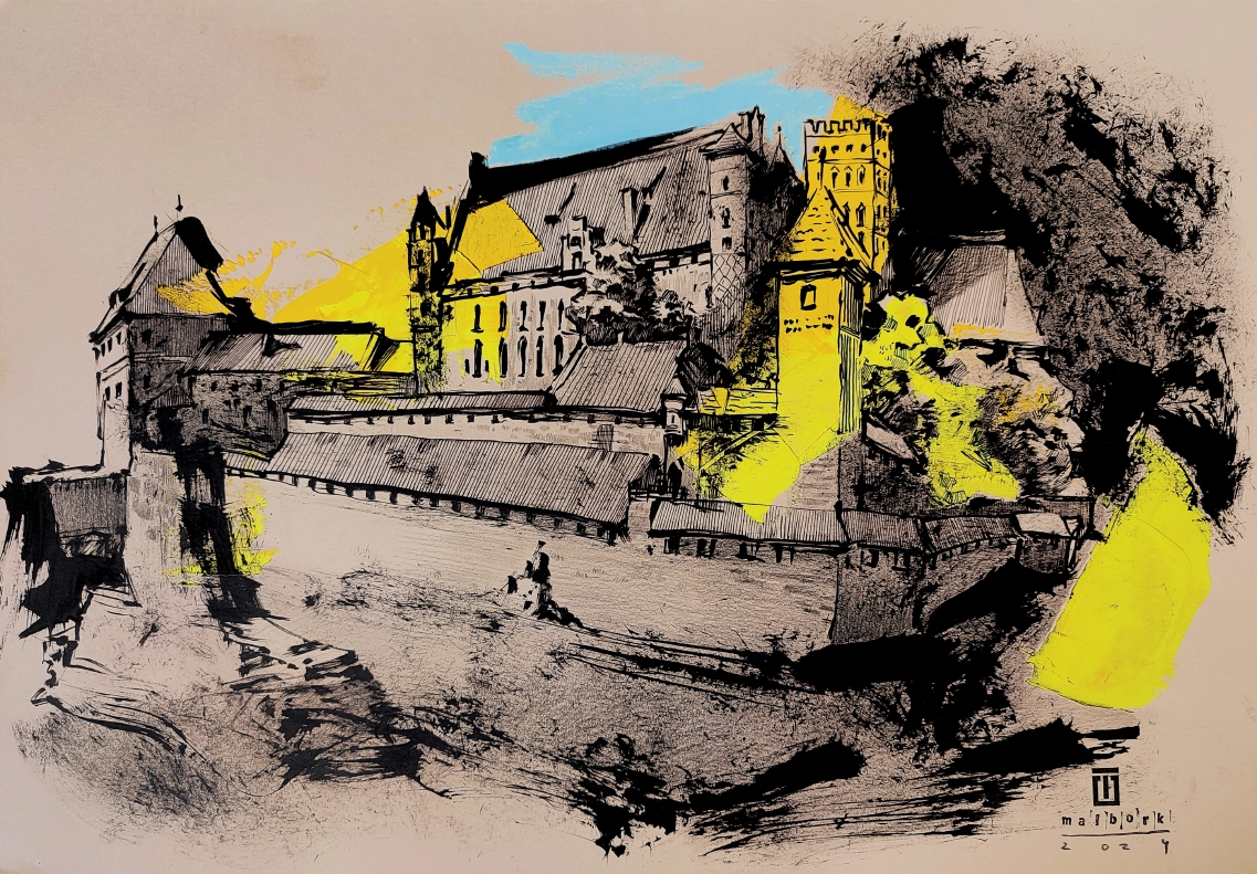 “Sketch 22. Malbork”, 2024, ink, oil pastels on color paper, 35×50 cm, Tetiana Ocheredko