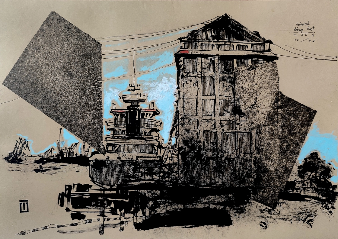 “Sketch 23. Nowy Port”, 2024, ink, oil pastels on color paper, 30×42 cm, Tetiana Ocheredko