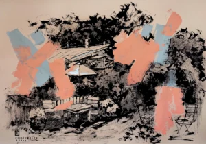 “Sketch 26. Sopot. Piaskownica”, 2024, ink, gouache, pencil on color paper, 35×50 cm, Tetiana Ocheredko