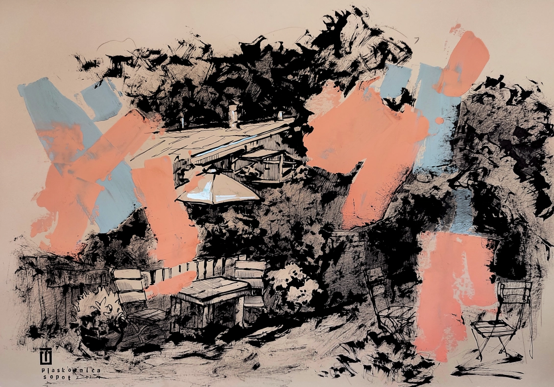 “Sketch 26. Sopot. Piaskownica”, 2024, ink, gouache, pencil on color paper, 35×50 cm, Tetiana Ocheredko