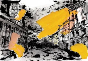 “Sketch 27. Torun”, 2024, ink, gouache, pencil on paper, 35×50 cm, Tetiana Ocheredko