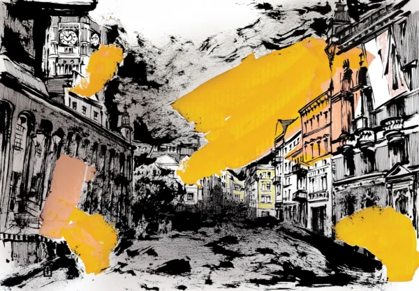 “Sketch 27. Torun”, 2024, ink, gouache, pencil on paper, 35×50 cm, Tetiana Ocheredko