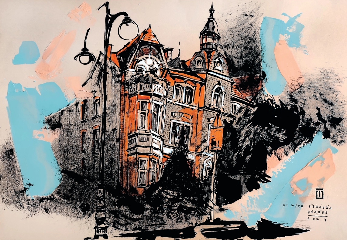 “Sketch 30. Gdansk, ul. Wita Stwosza”, 2024, ink, gouache, pencil on color paper, 35×50 cm, Tetiana Ocheredko