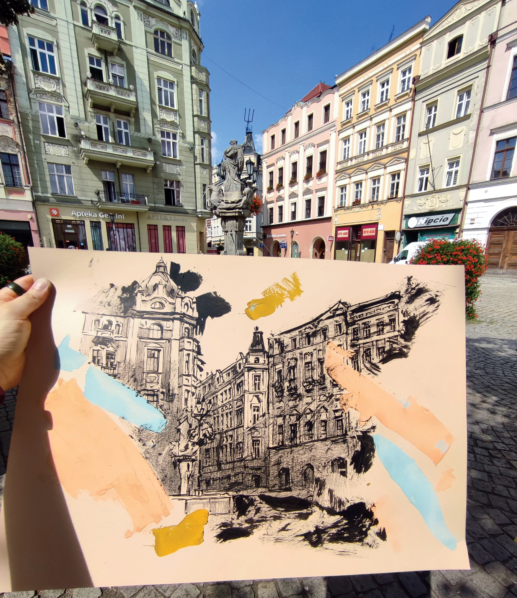 “Sketch 32. Świdnica. Rynek”, 2024, ink, gouache, pencil on color paper, 35×50 cm, Tetiana Ocheredko - Image 2