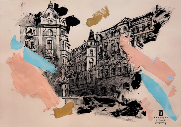 “Sketch 32. Świdnica. Rynek”, 2024, ink, gouache, pencil on color paper, 35×50 cm, Tetiana Ocheredko