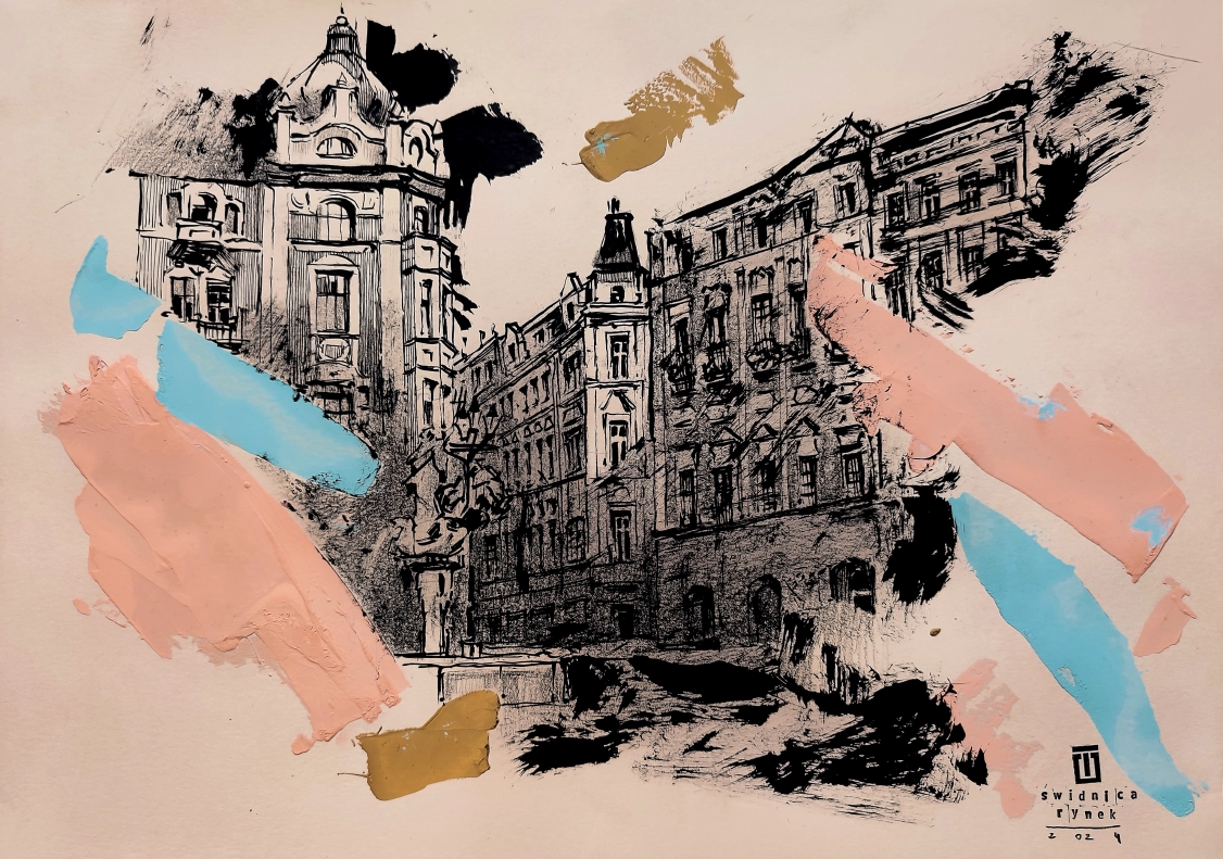 “Sketch 32. Świdnica. Rynek”, 2024, ink, gouache, pencil on color paper, 35×50 cm, Tetiana Ocheredko