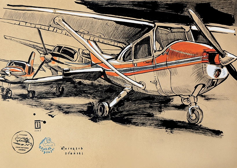 “Aeroklub Gdański 2”, 2025, ink, pencils, acrylic on color paper, 30x42 cm, Tetiana Ocheredko